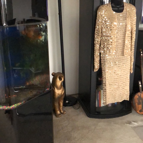 Via Via Dresses & Skirts - 2pc sequin ensemble gold knit. Long sleeve jacket and sleeveless knit dress Med